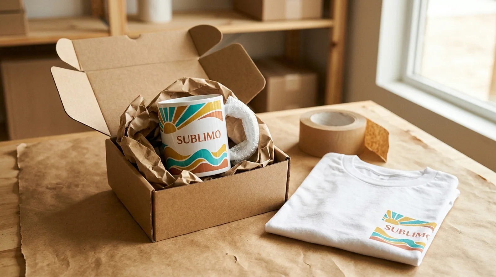 Taza personalizada protegida en una caja kraft junto a una polera doblada