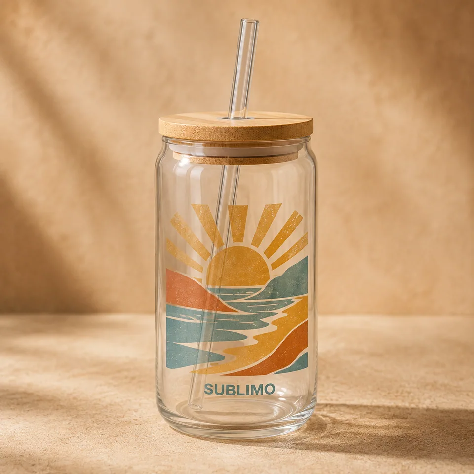 Vaso vidrio 16 oz: ejemplo ilustrativo de personalización Sublimo